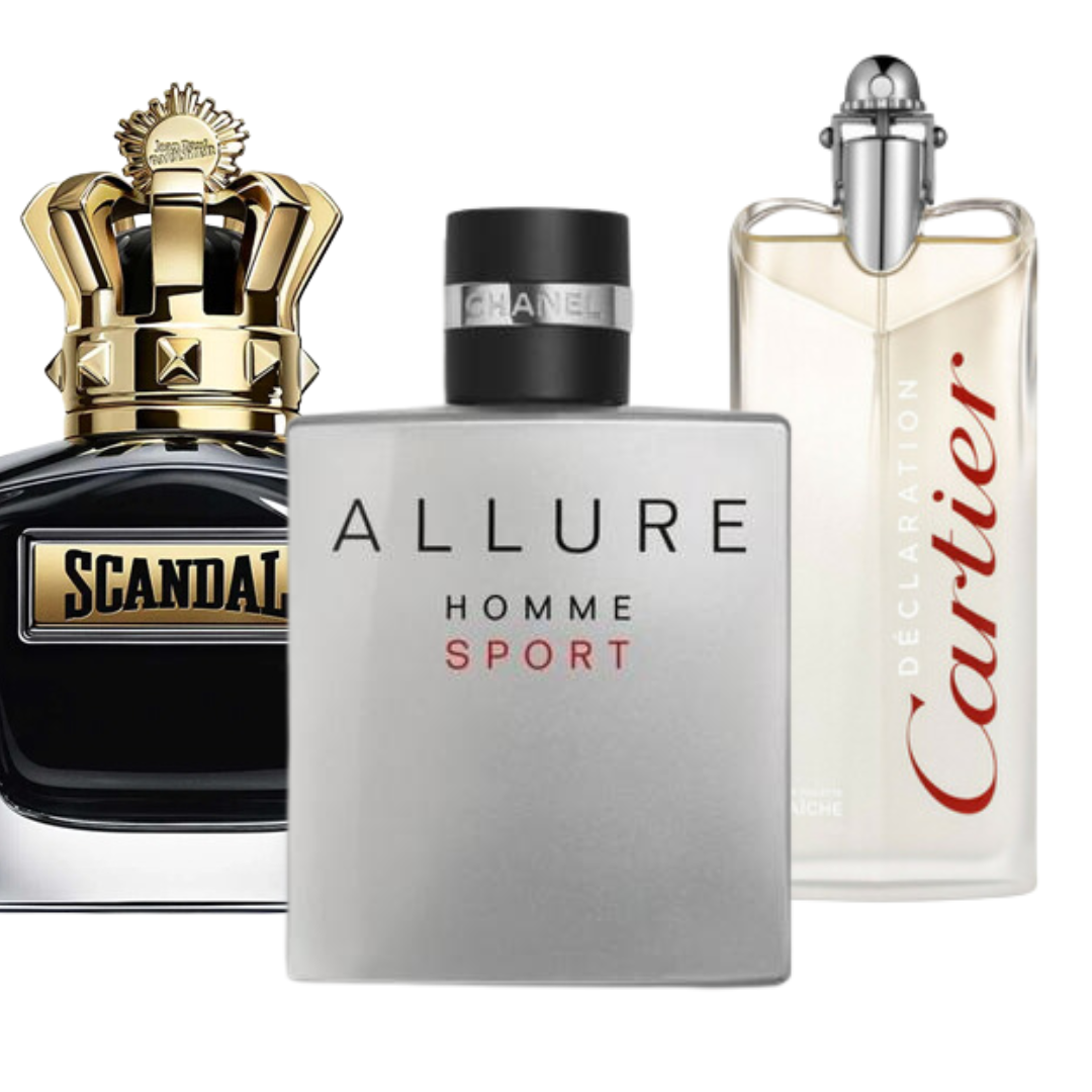 Lot de 3 parfums : Allure Homme Sport, Jean Paul Gaultier Scandal, Cartier Déclaration – Eau de Parfum (100 ml chacun)