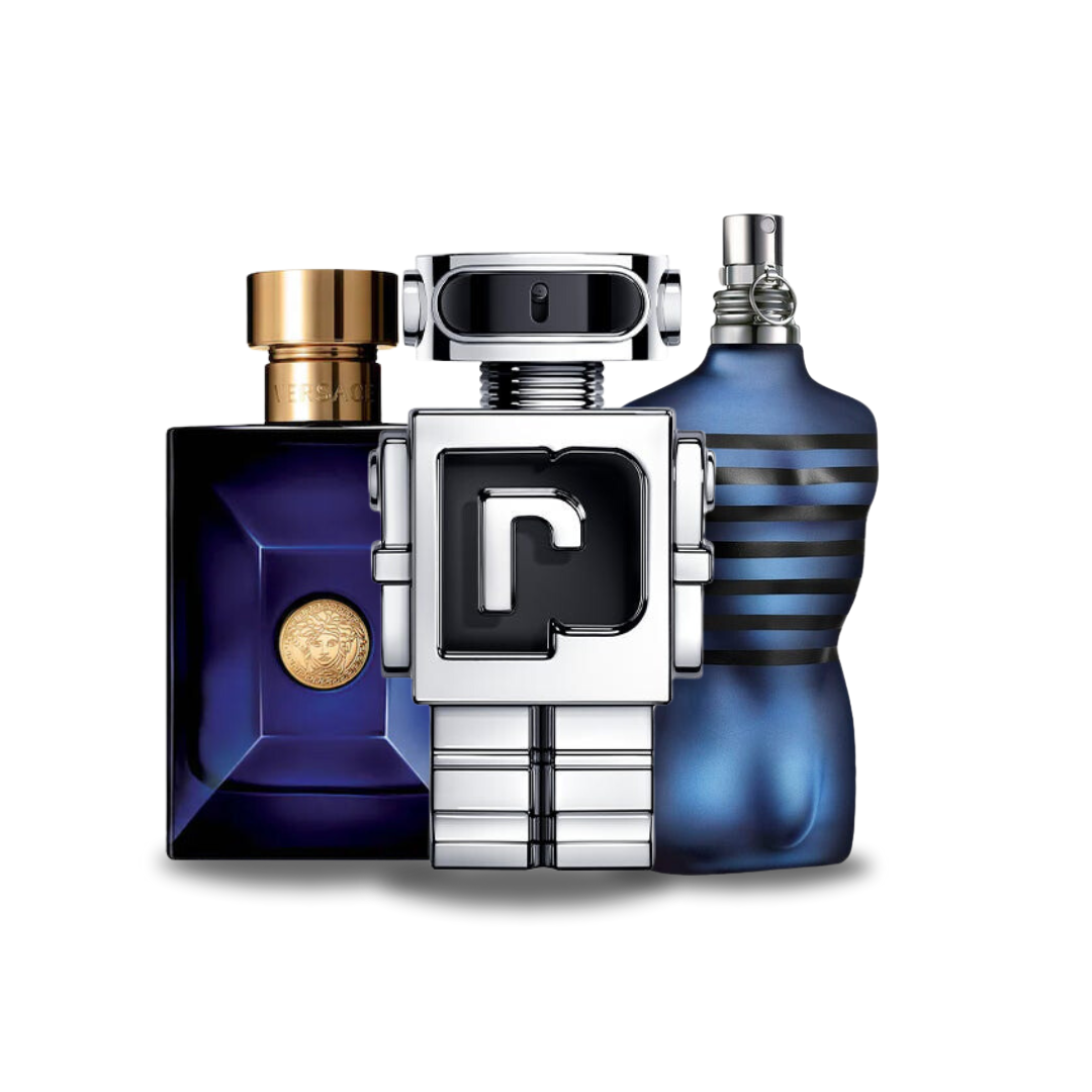 Lot de 3 parfums : Versace DYLAN BLUE, Paco Rabanne PHANTOM & Jean Paul Gaultier ULTRA MALE (Eau de Parfum) – 100 ml