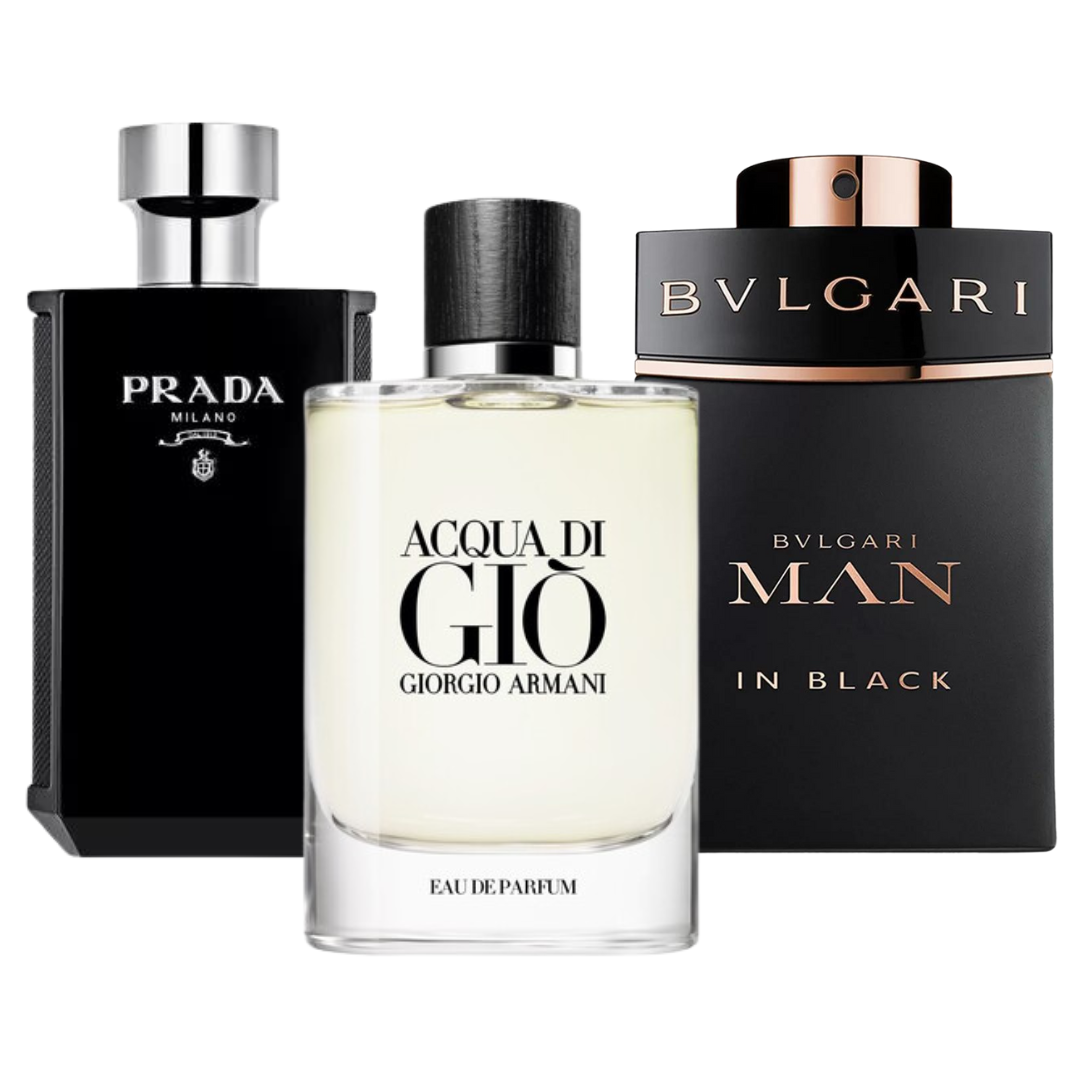 Lot de 3 parfums : BVLGARI MAN IN BLACK, ACQUA DI GIÒ & L’HOMME PRADA INTENSE – 100 ml
